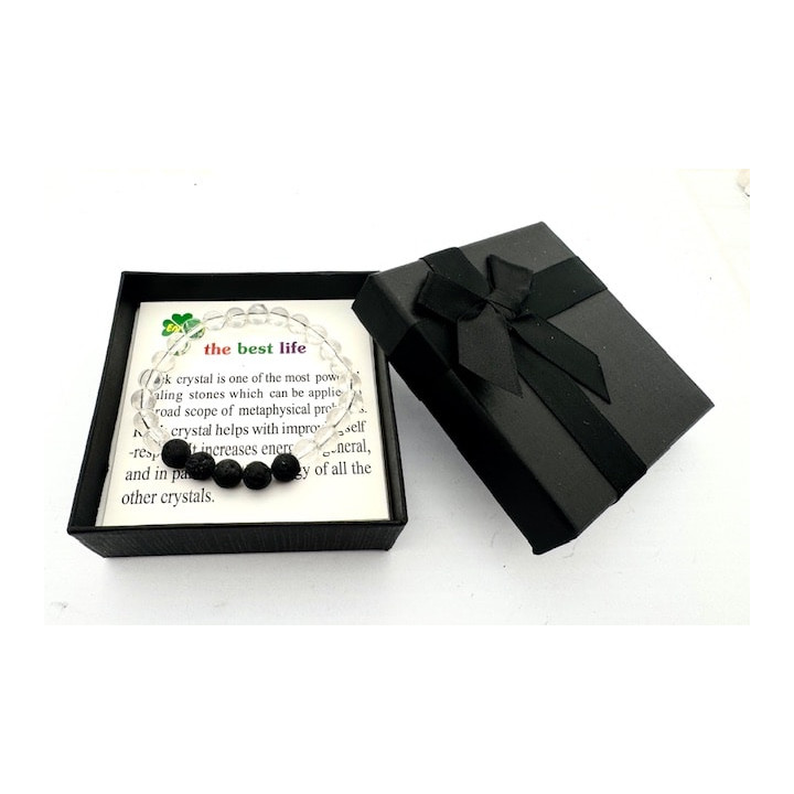 8mm Rock Crystal & Lava Stone Gemstone Bracelet – Gift Box Included