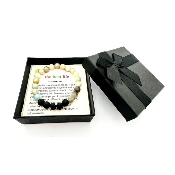 8mm Amazonite and Lava Stone Gemstone Bracelet – Gift Box Included