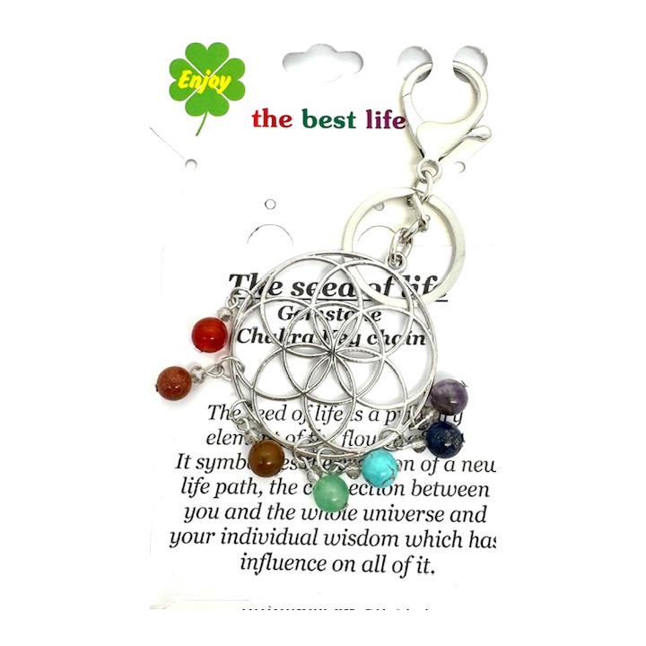 Wholesale Metal Chakra Flower of Life Keychain with 7 Gemstones