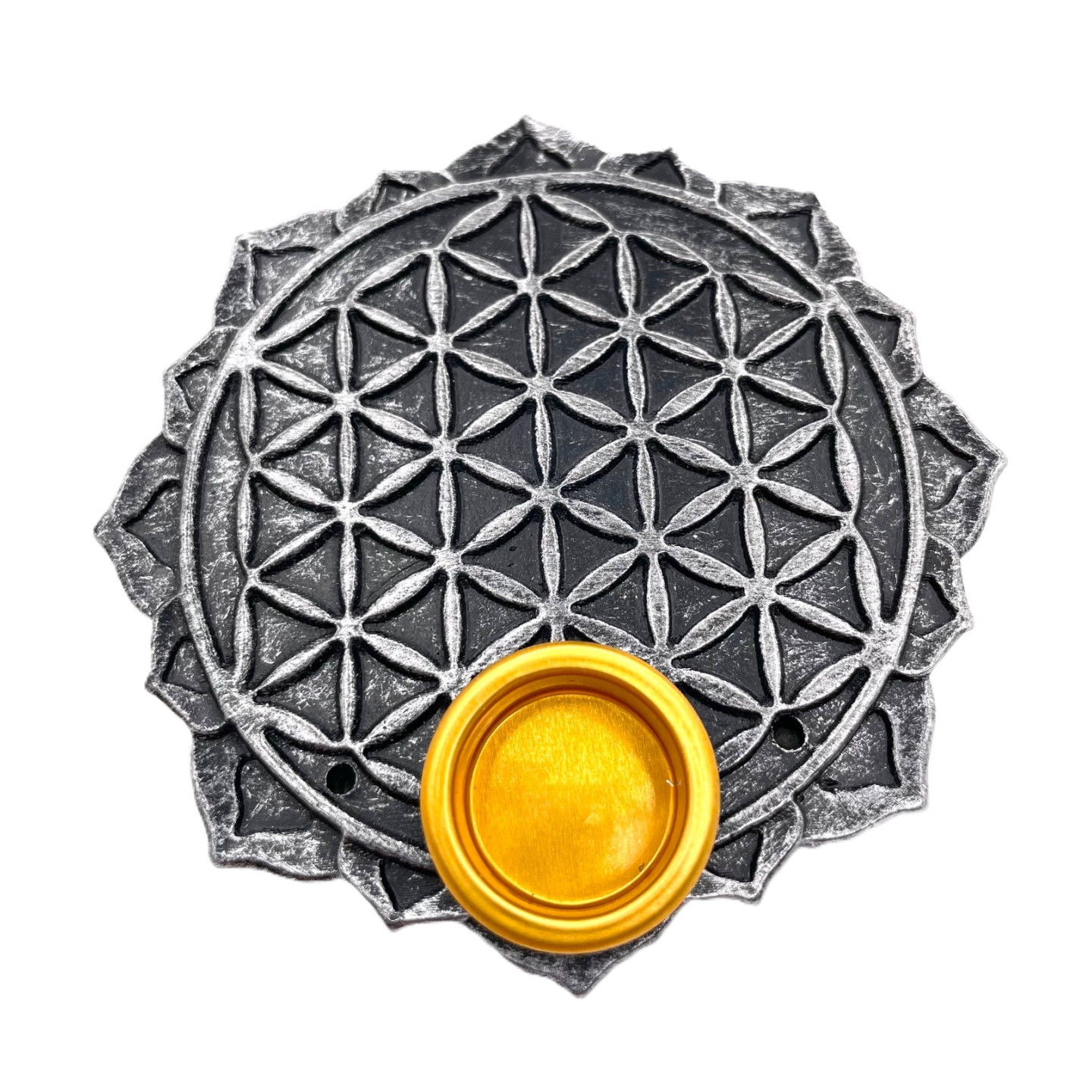 Silver Flower of Life Incense Holder Stick & Cone Burner Set (6 pieces)