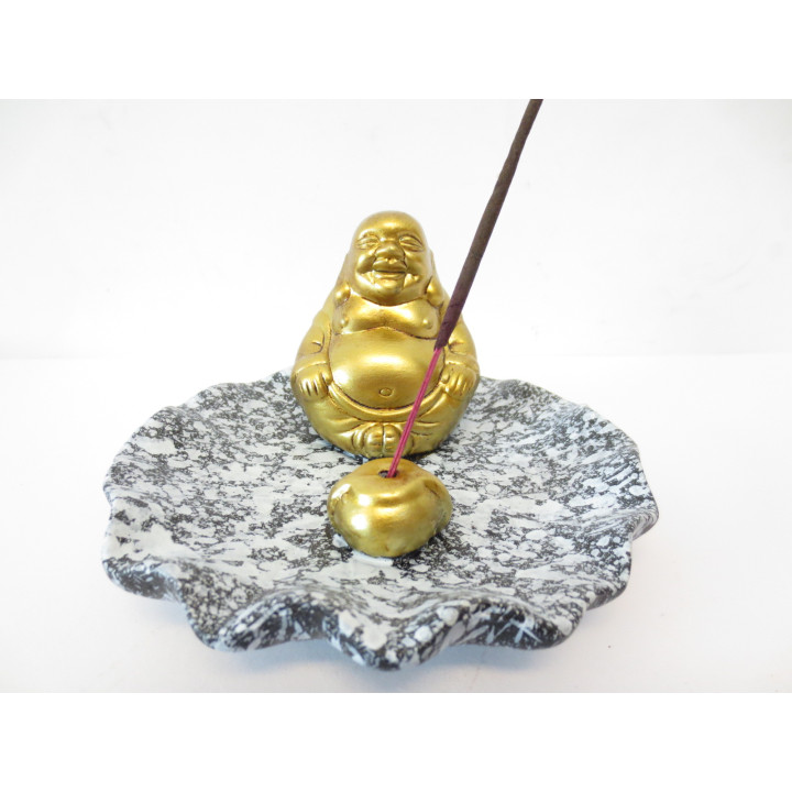 golden Happy Chinese Buddha incense holder grey
