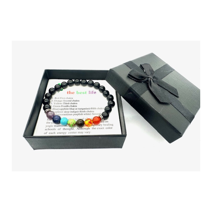 8mm 7-Chakra Black Onyx Gemstone Bracelet – Gift Box Included