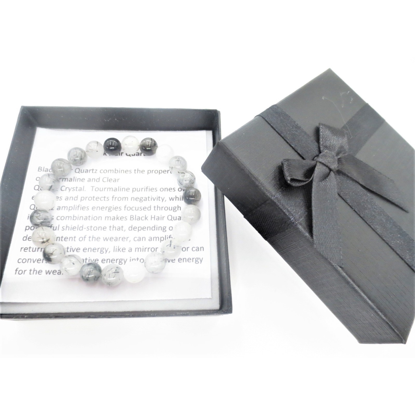 8mm Black Hair Quartz Gemstone Bracelet – Gift Box Included