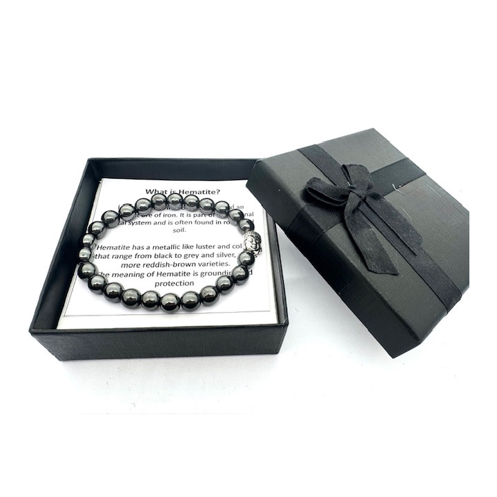8mm Buddha Hematite Gemstone Bracelet – Gift Box Included