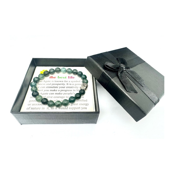 8mm Buddha Moss Agate Gemstone Bracelet – Gift Box Included