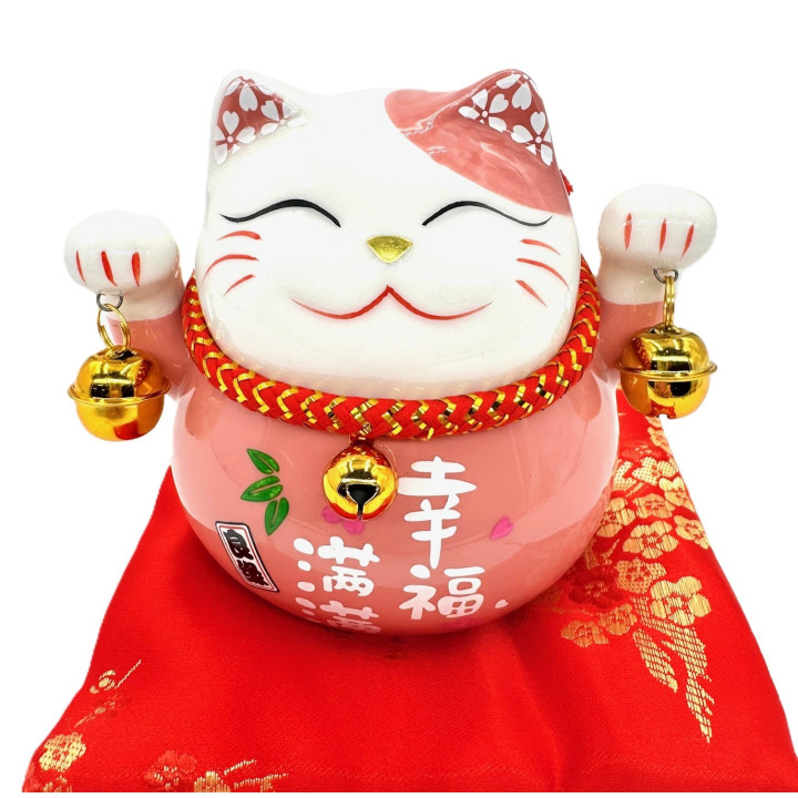 Lucky Cat Money Box on Cushion with 2 Bells (Pink)