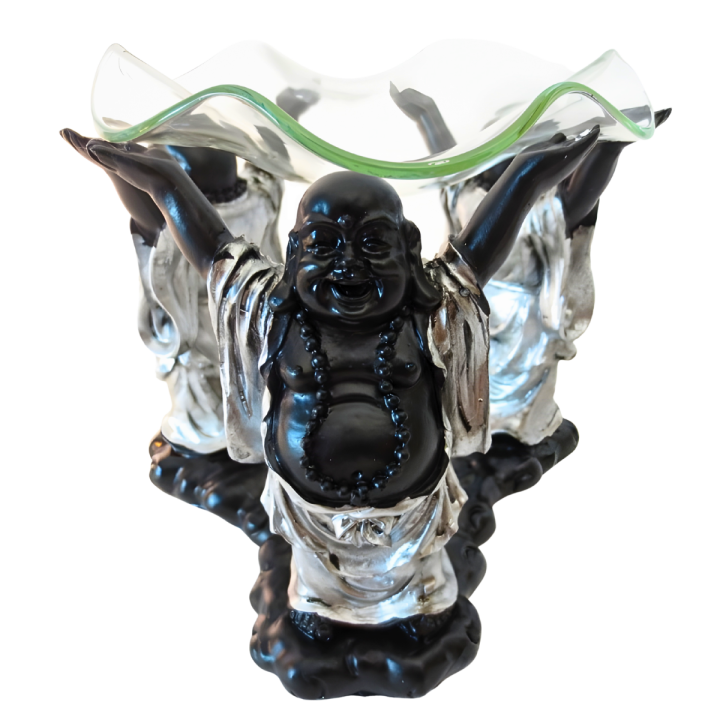 3 Happy Buddhas Oil Burner Silver/Black 12 cm