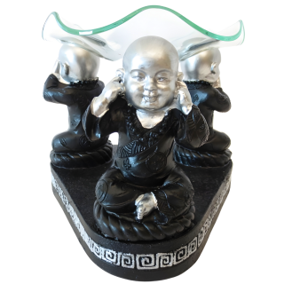 Resin Oil Burner with Three Monks Hear, See, Be Silent – Silver/Black (11 cm)