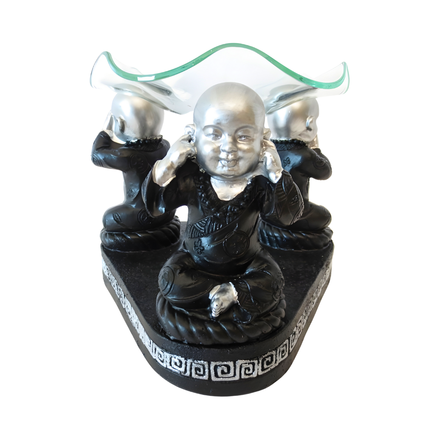 Resin Oil Burner with Three Monks Hear, See, Be Silent – Silver/Black (11 cm)