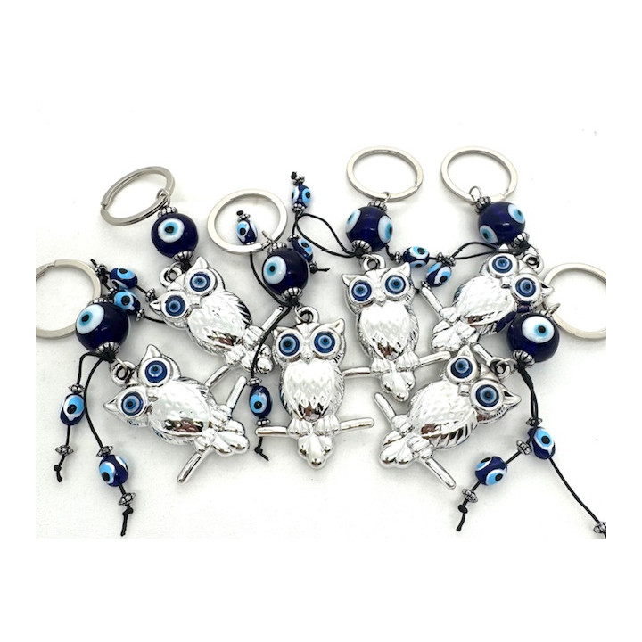 Blue Evil Eye Keychain with Owl Set of 6