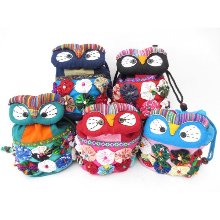 Colorful Handmade Owl Fabric Drawstring Bag Set (12 pieces)
