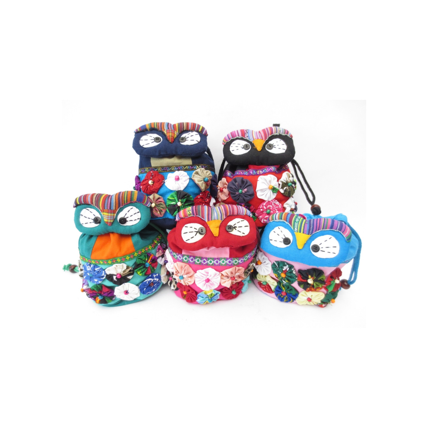 Colorful Handmade Owl Fabric Drawstring Bag Set (12 pieces)