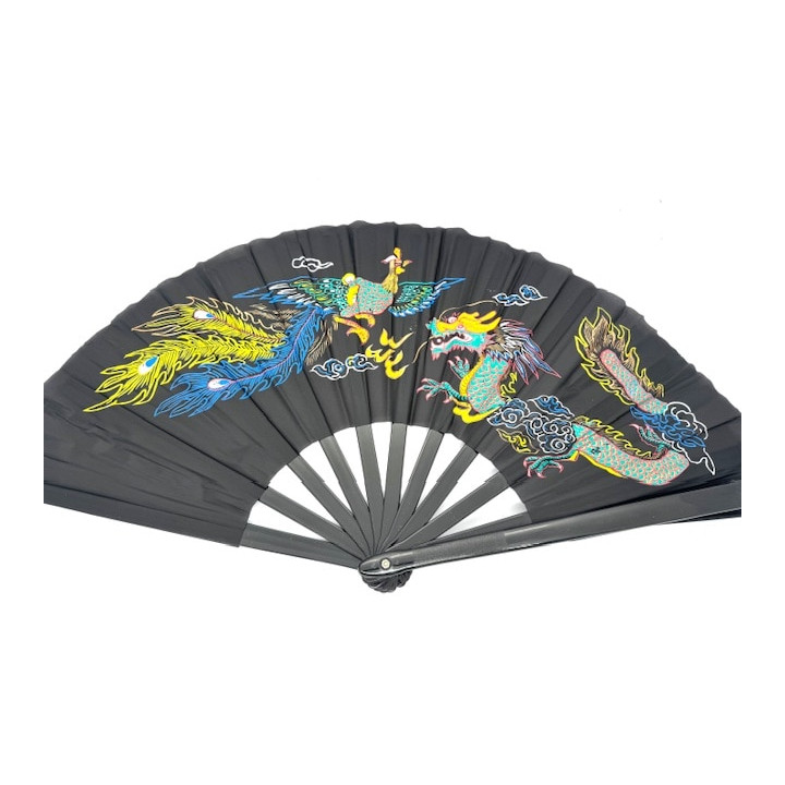 Black Tai Chi Hand Fan – Dragon & Phoenix