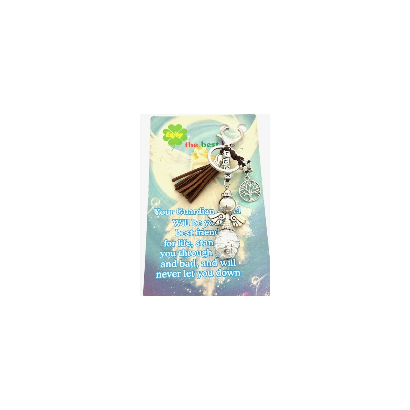 Brown ''LUCK'' Angel Keychain with Tassel