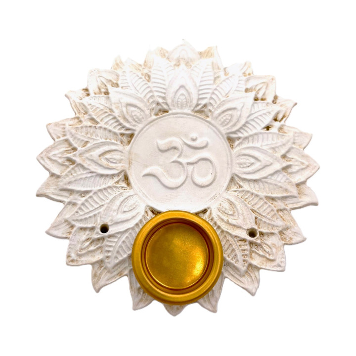 White Om ॐ Lotus Incense Holder Stick & Cone Burner Set (6 pieces)