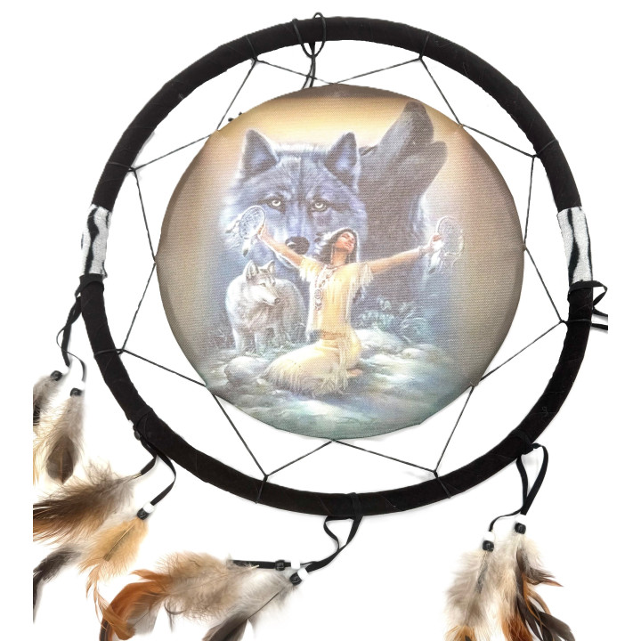 38cm Dreamcatcher Indian woman with Wolf (I)