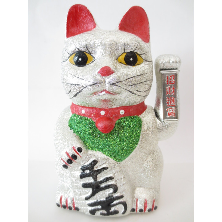 Lucky Glitter Cat Silver with Moveable Arm (Medium)