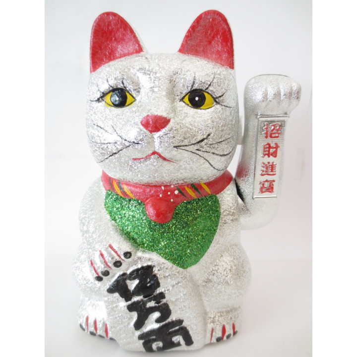 Lucky Glitter Cat Silver with Moveable Arm (Large)