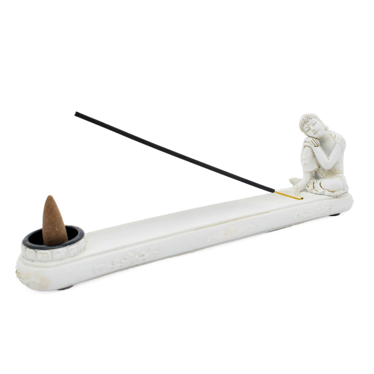 White Resting Buddha Incense Stick Holder Stick & Cone Burner