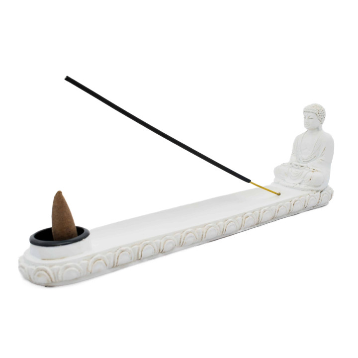 White Sitting Japanese Buddha Incense Stick Holder Stick & Cone Burner