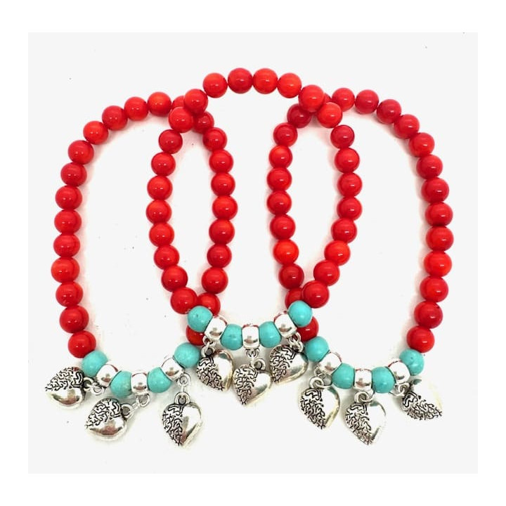 Red Coral Beaded Bracelet with 3 Hearts Charm