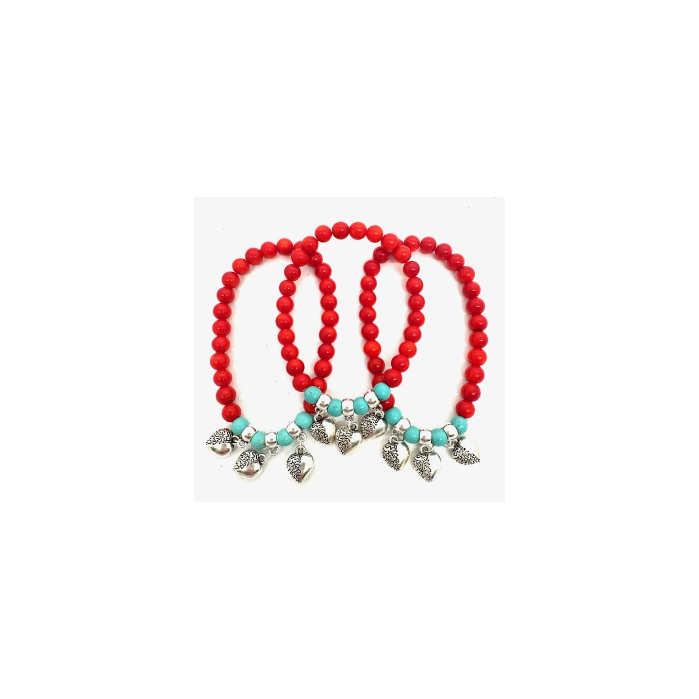 Red Coral Beaded Bracelet with 3 Hearts Charm