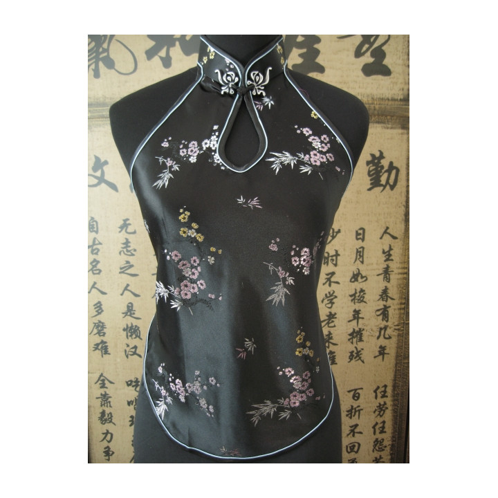 Chinese top with hole and flowers (black)