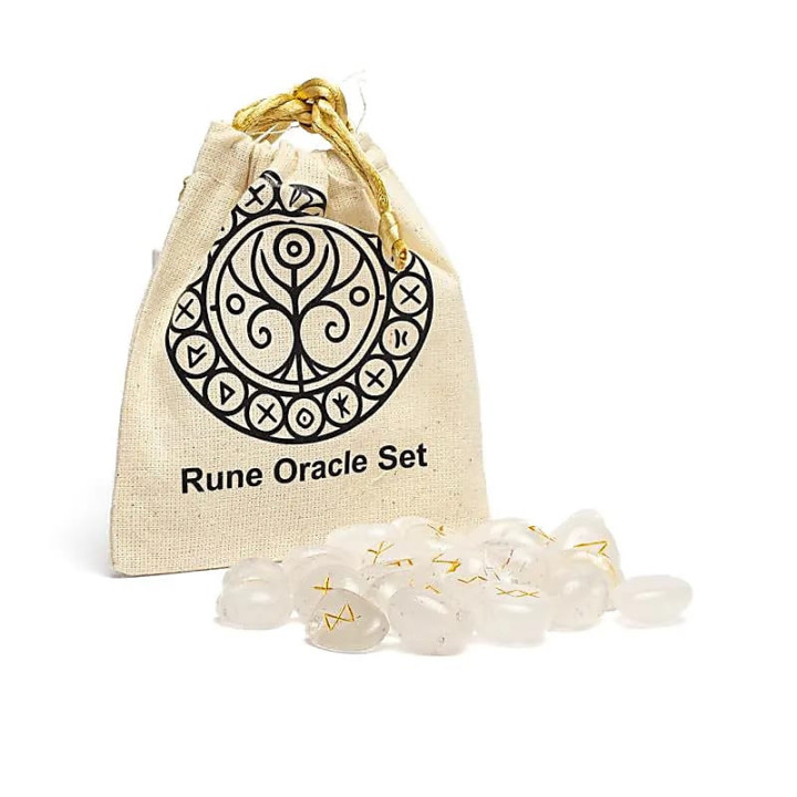 Coffret oracle runique en cristal de roche dans sachet ... | Pieralune