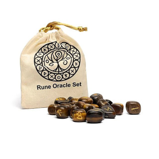 Coffret oracle runique en œil de tigre dans sachet en c... | Pieralune