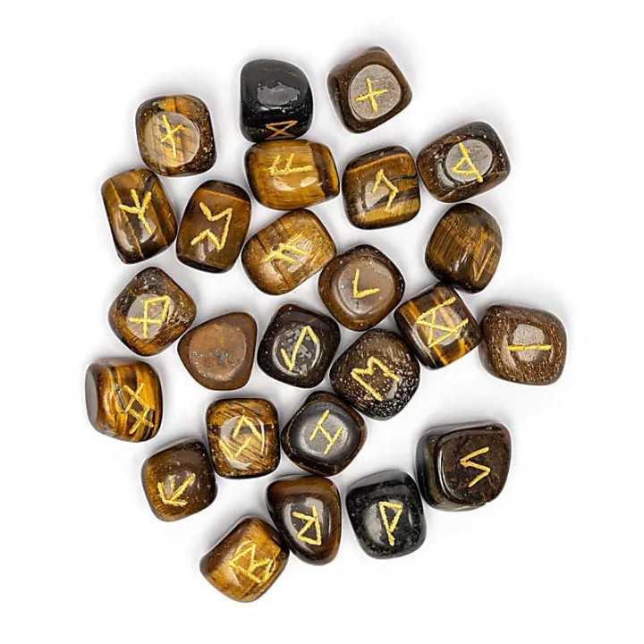 Coffret oracle runique en œil de tigre dans sachet en c... | Pieralune