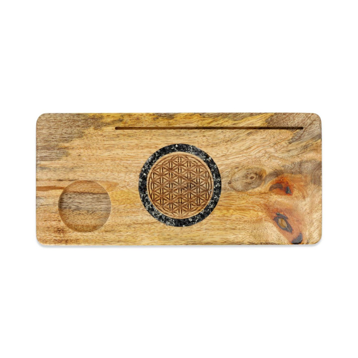 Porte-cartes Fleur de vie tourmaline et pyrite bois de manguier
