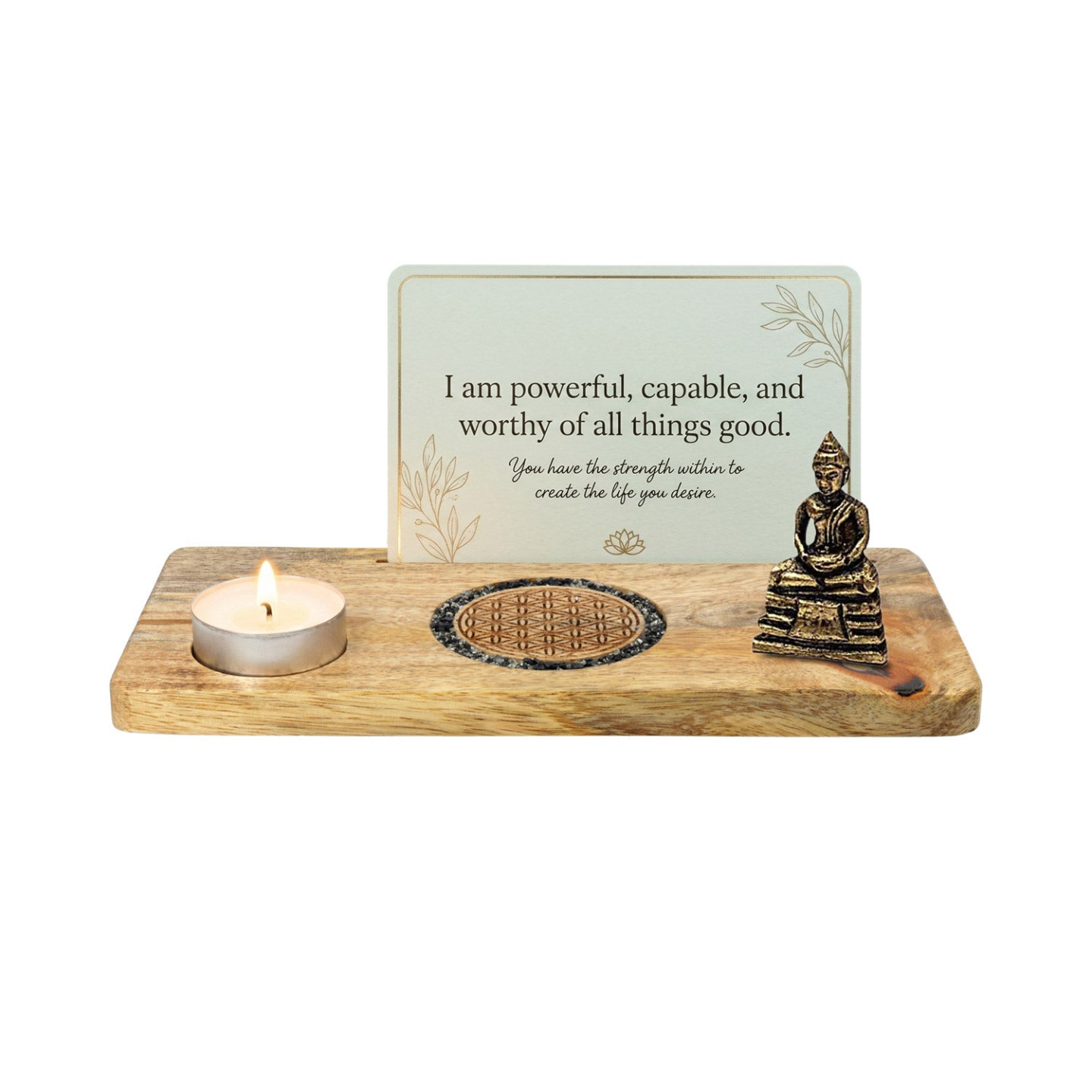 Porte-cartes Fleur de vie tourmaline et pyrite bois de manguier