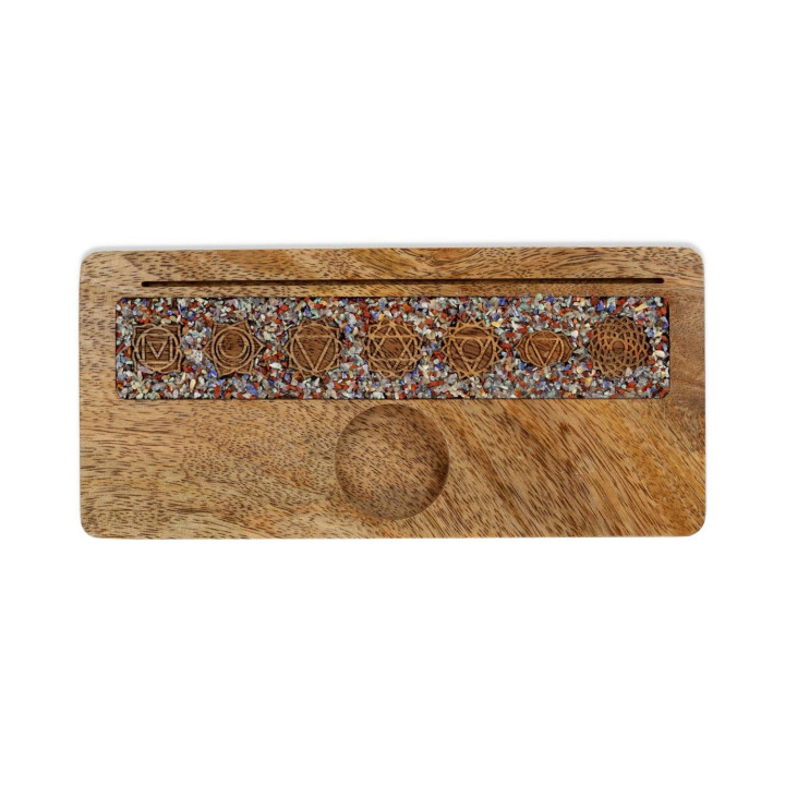 Porte-cartes 7 chakras pierres des chakras mélangées bois de manguier