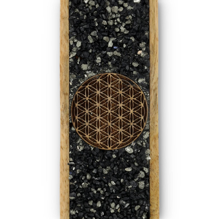 Porte-encens Fleur de vie tourmaline et pyrite bois de manguier