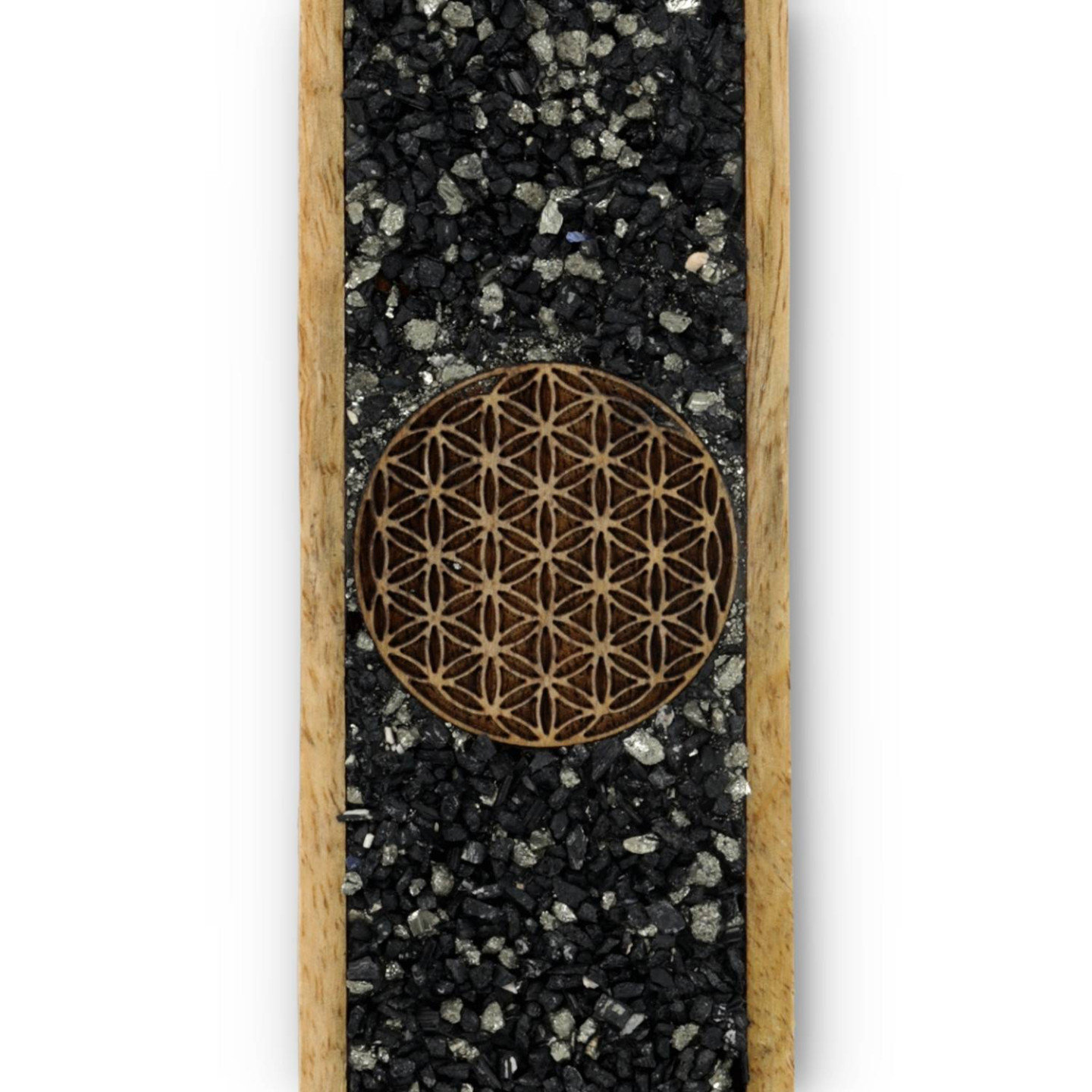 Porte-encens Fleur de vie tourmaline et pyrite bois de manguier
