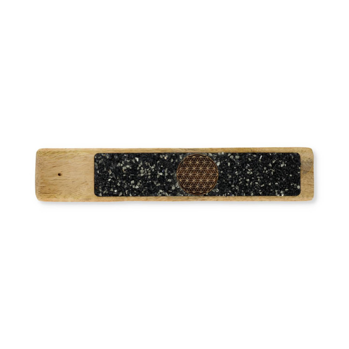 Porte-encens Fleur de vie tourmaline et pyrite bois de manguier