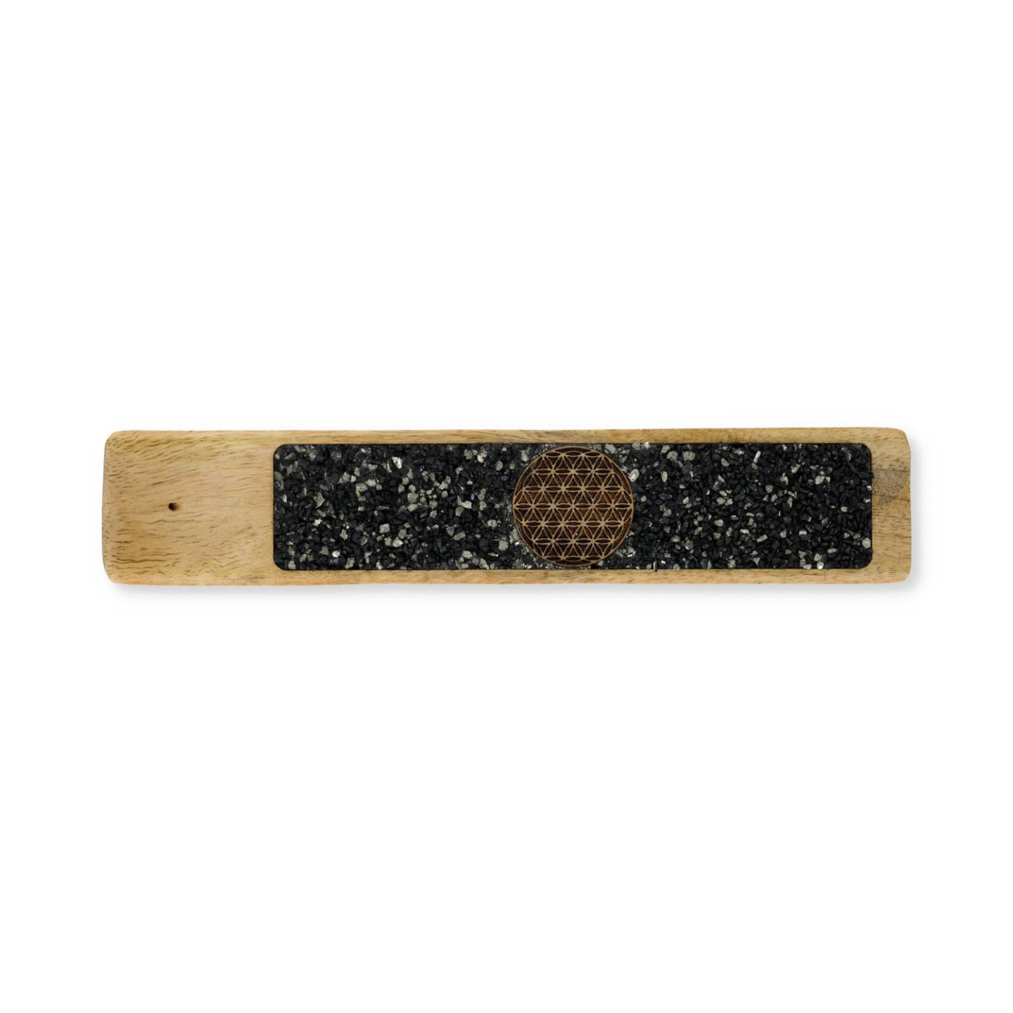 Porte-encens Fleur de vie tourmaline et pyrite bois de manguier