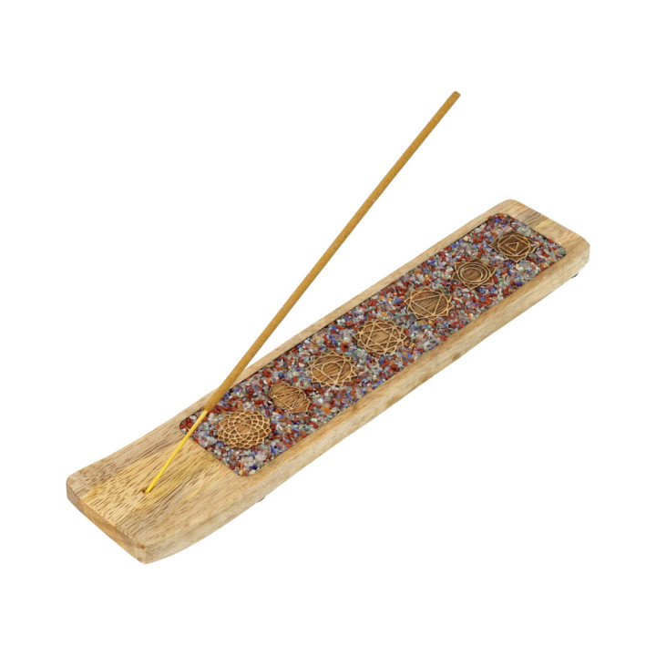 Porte-encens 7 chakras pierres des chakras mélangées bois de manguier