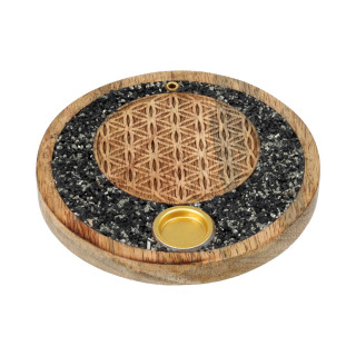 Porte-cône d’encens Fleur de vie tourmaline et pyrite bois de manguier