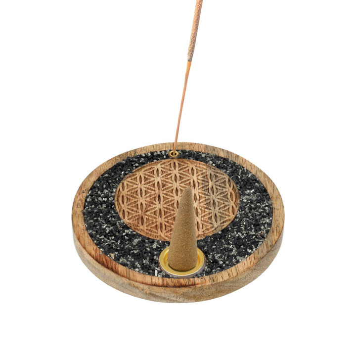 Porte-cône d’encens Fleur de vie tourmaline et pyrite bois de manguier