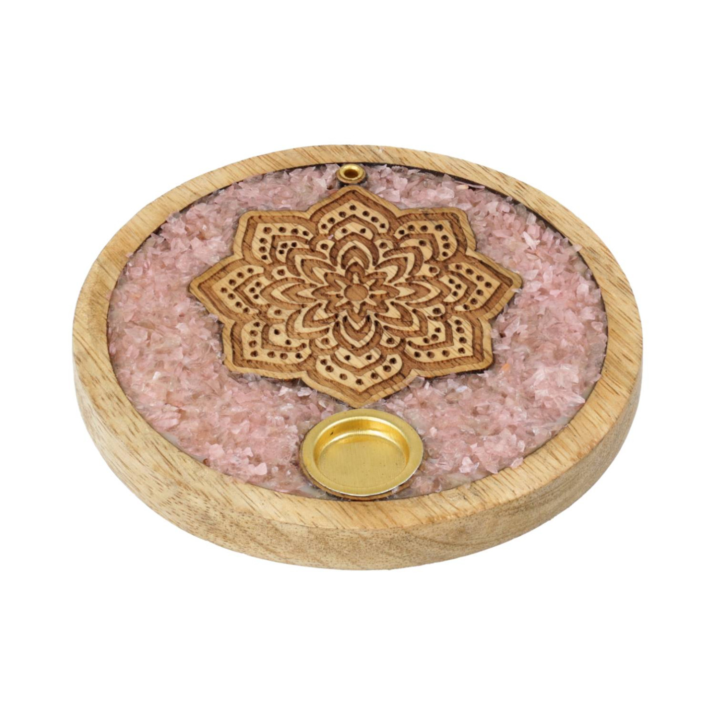 Porte-cône d’encens Mandala quartz rose bois de manguier