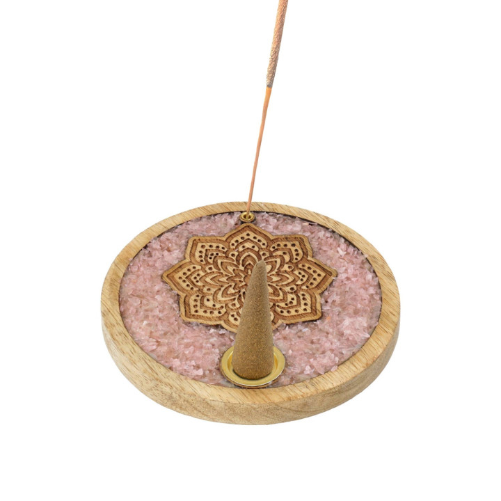 Porte-cône d’encens Mandala quartz rose bois de manguier