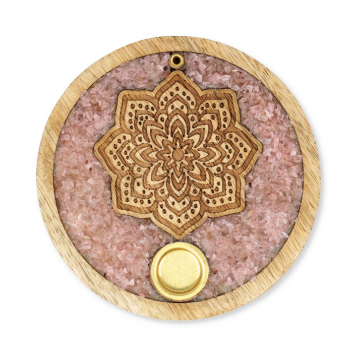 Porte-cône d’encens Mandala quartz rose bois de manguier