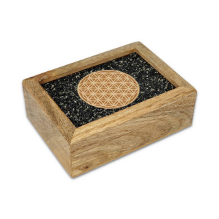 Boîte à bijoux tarot Fleur de vie tourmaline et pyrite bois de manguier