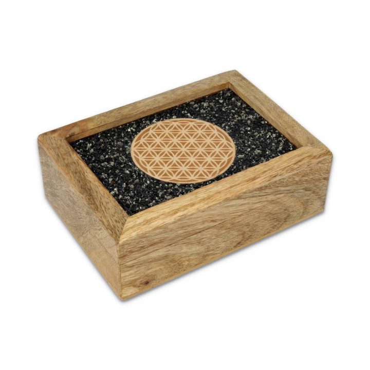 Boîte à bijoux tarot Fleur de vie tourmaline et pyrite bois de manguier