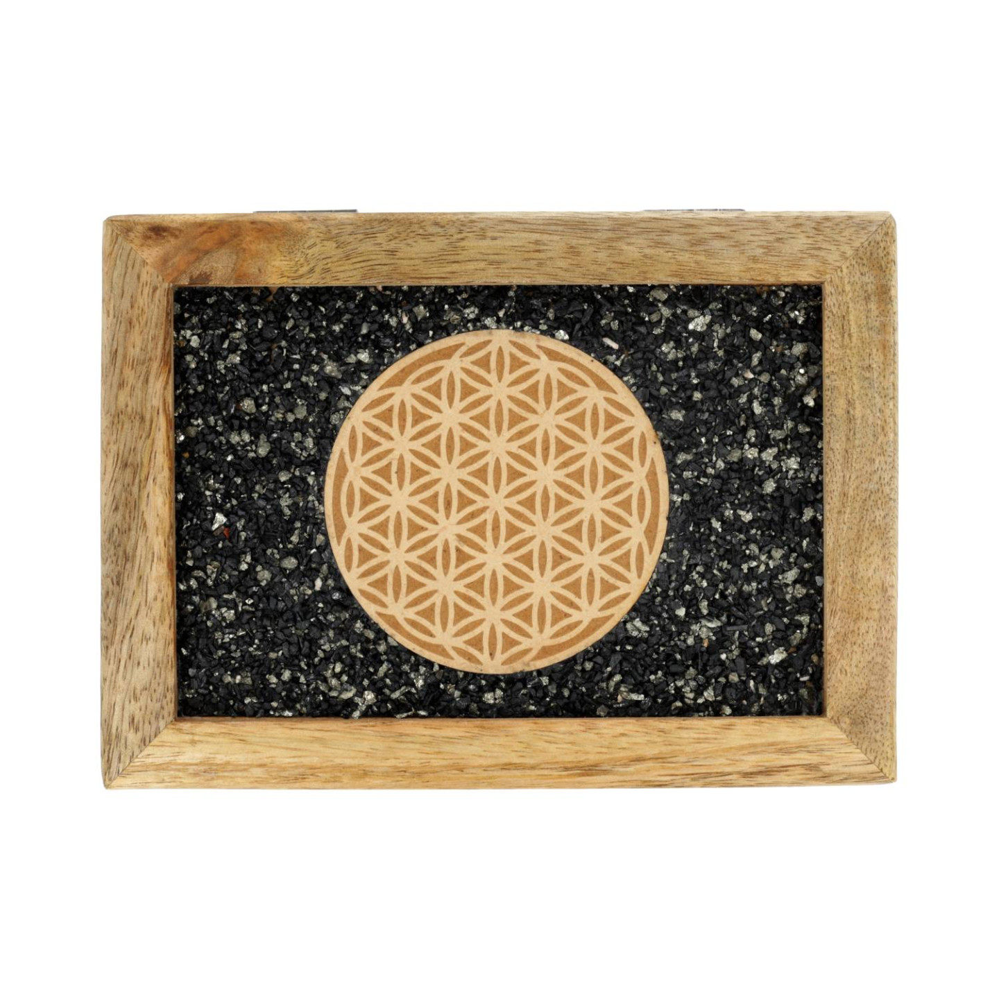 Boîte à bijoux tarot Fleur de vie tourmaline et pyrite bois de manguier