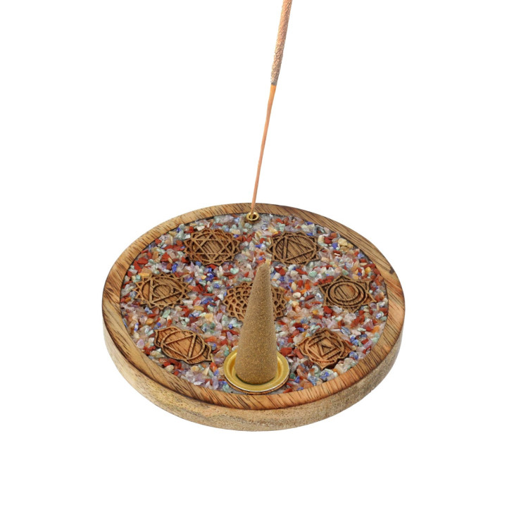 Porte-cône d’encens 7 chakras pierres des chakras mélangées bois de manguier