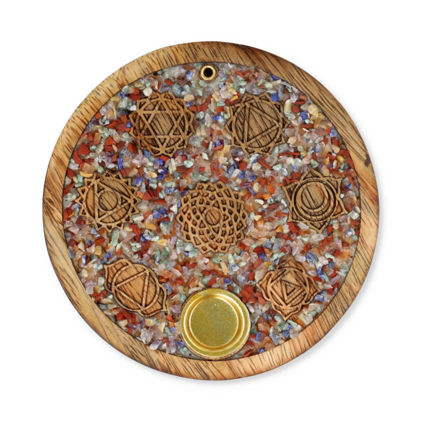Porte-cône d’encens 7 chakras pierres des chakras mélangées bois de manguier