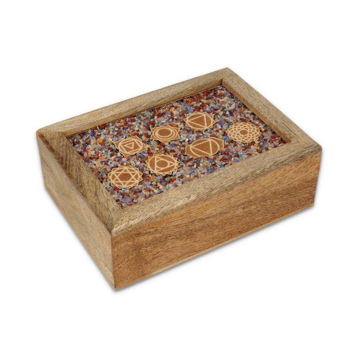 Boîte à bijoux tarot 7 chakras pierres des chakras mélangées bois de manguier