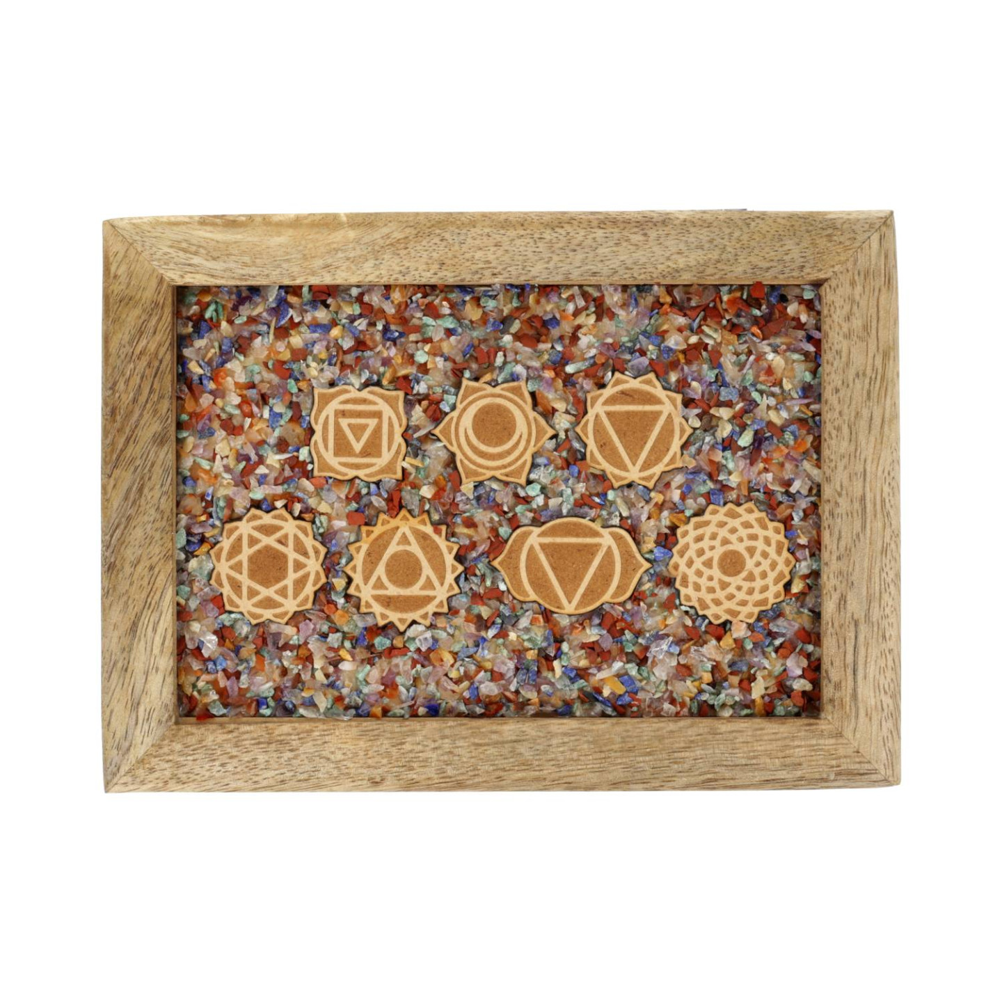 Boîte à bijoux tarot 7 chakras pierres des chakras mélangées bois de manguier